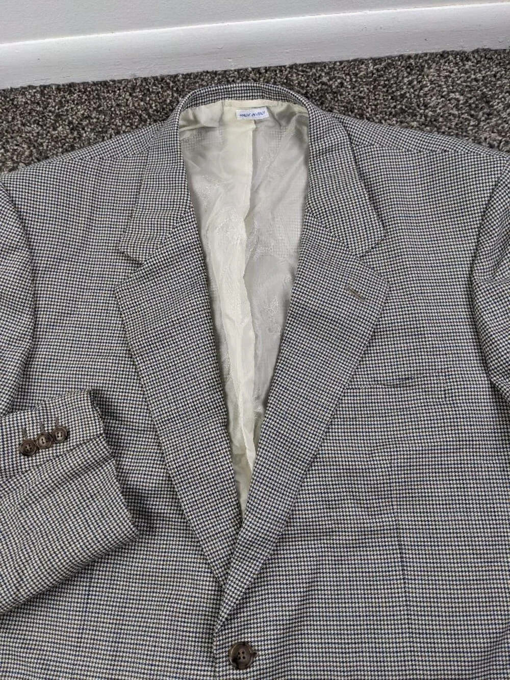 Brioni Sport Coat Blazer 100% Wool Houndstooth Checked Blue Brown 44R *Flaw